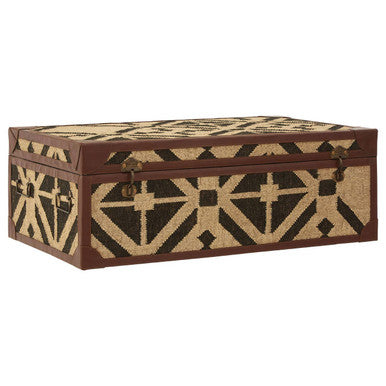 Natural and Black Coffee Table Trunk with Storage Galvanised Iron and Brown PU Leather Trim, Aztec