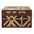 Natural and Black Coffee Table Trunk with Storage Galvanised Iron and Brown PU Leather Trim, Aztec