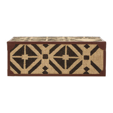 Natural and Black Coffee Table Trunk with Storage Galvanised Iron and Brown PU Leather Trim, Aztec