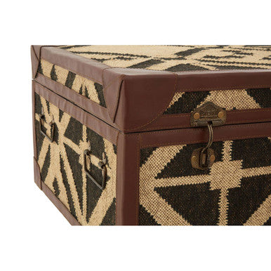 Natural and Black Coffee Table Trunk with Storage Galvanised Iron and Brown PU Leather Trim, Aztec