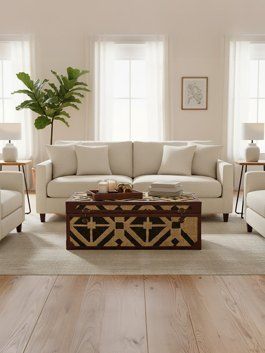 Natural and Black Coffee Table Trunk with Storage Galvanised Iron and Brown PU Leather Trim, Aztec