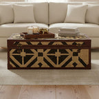 Natural and Black Coffee Table Trunk with Storage Galvanised Iron and Brown PU Leather Trim, Aztec