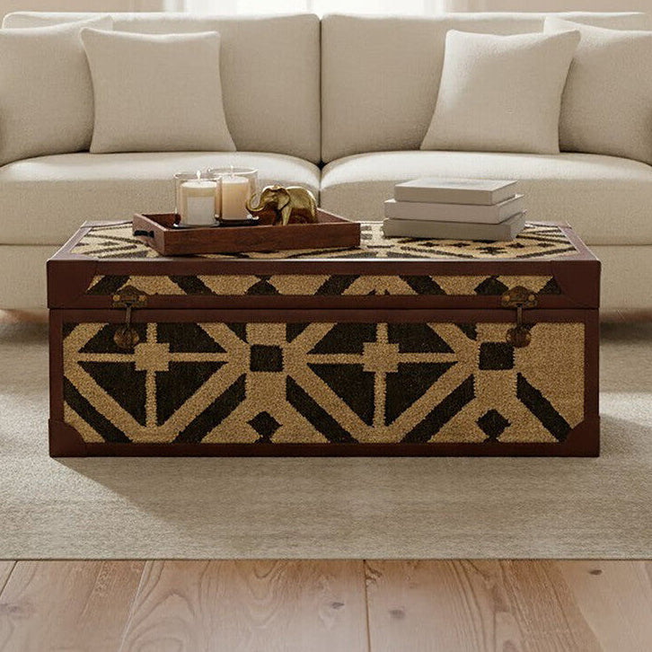 Natural and Black Coffee Table Trunk with Storage Galvanised Iron and Brown PU Leather Trim, Aztec