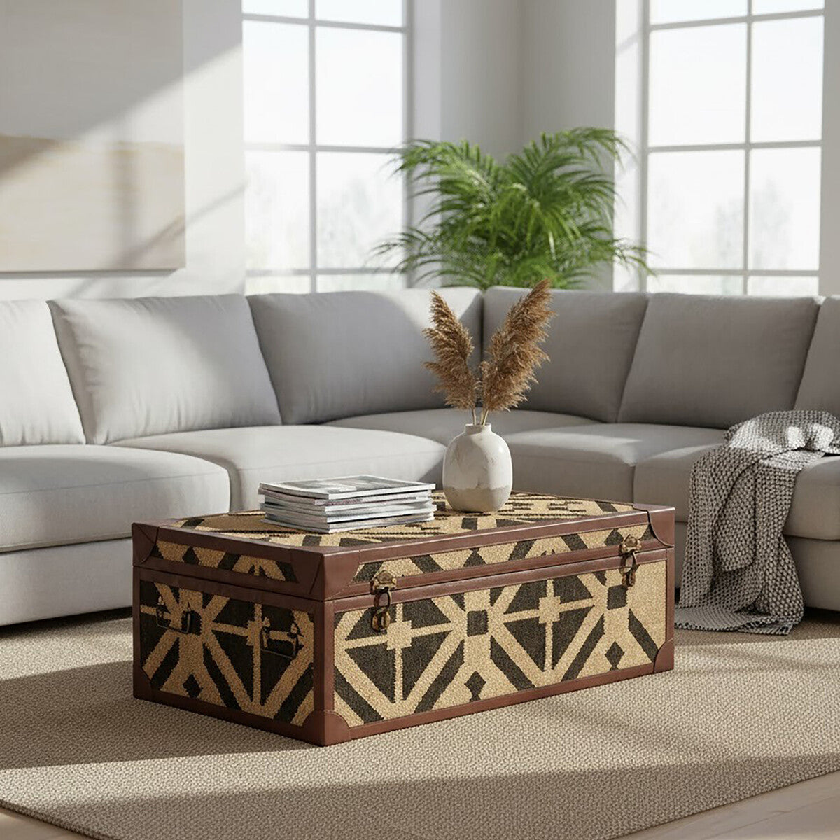 Natural and Black Coffee Table Trunk with Storage Galvanised Iron and Brown PU Leather Trim, Aztec