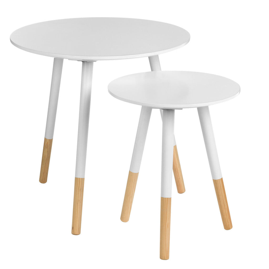 Set of 2 White Bamboo Round Nesting Side Tables with Natural Wood Legs | Viborg