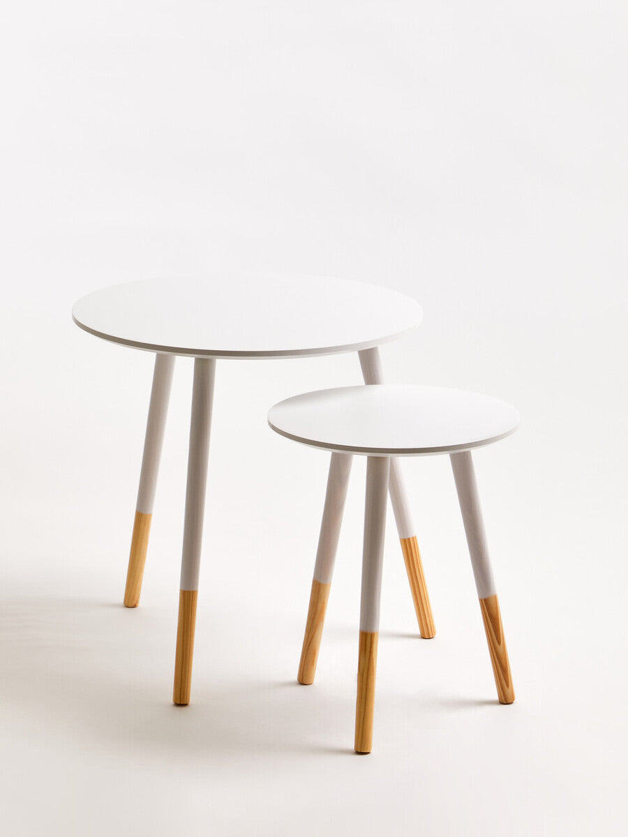 Set of 2 White Bamboo Round Nesting Side Tables with Natural Wood Legs | Viborg