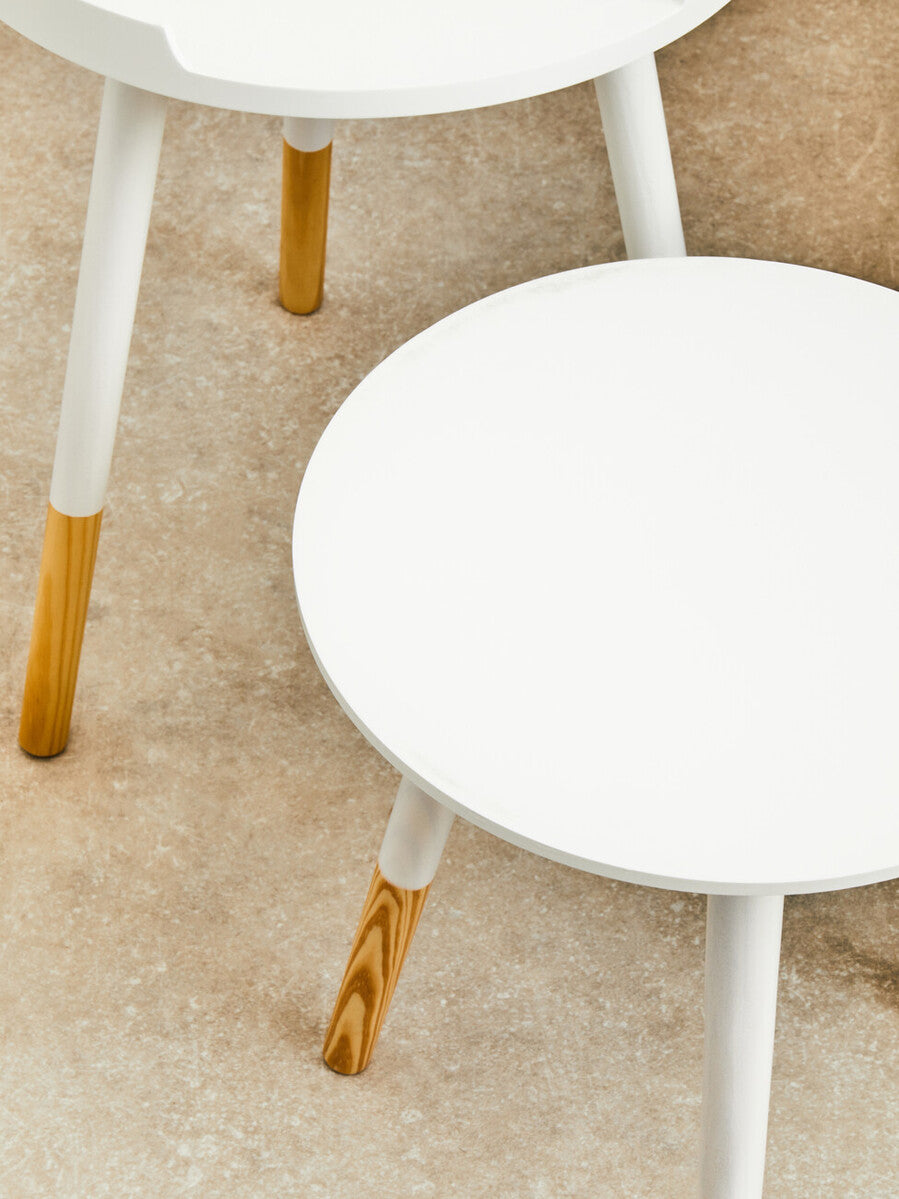 Set of 2 White Bamboo Round Nesting Side Tables with Natural Wood Legs | Viborg