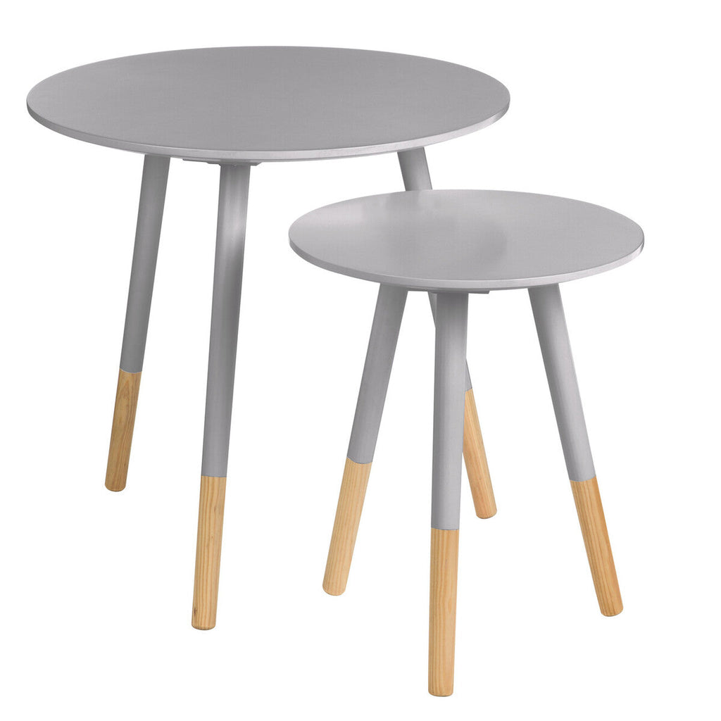 Set of 2 Grey Bamboo Round Nesting Side Tables with Natural Wood Legs | Viborg