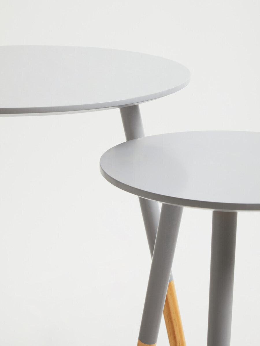 Set of 2 Grey Bamboo Round Nesting Side Tables with Natural Wood Legs | Viborg