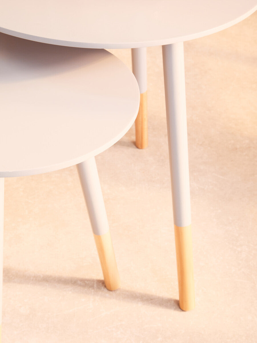 Set of 2 Grey Bamboo Round Nesting Side Tables with Natural Wood Legs | Viborg