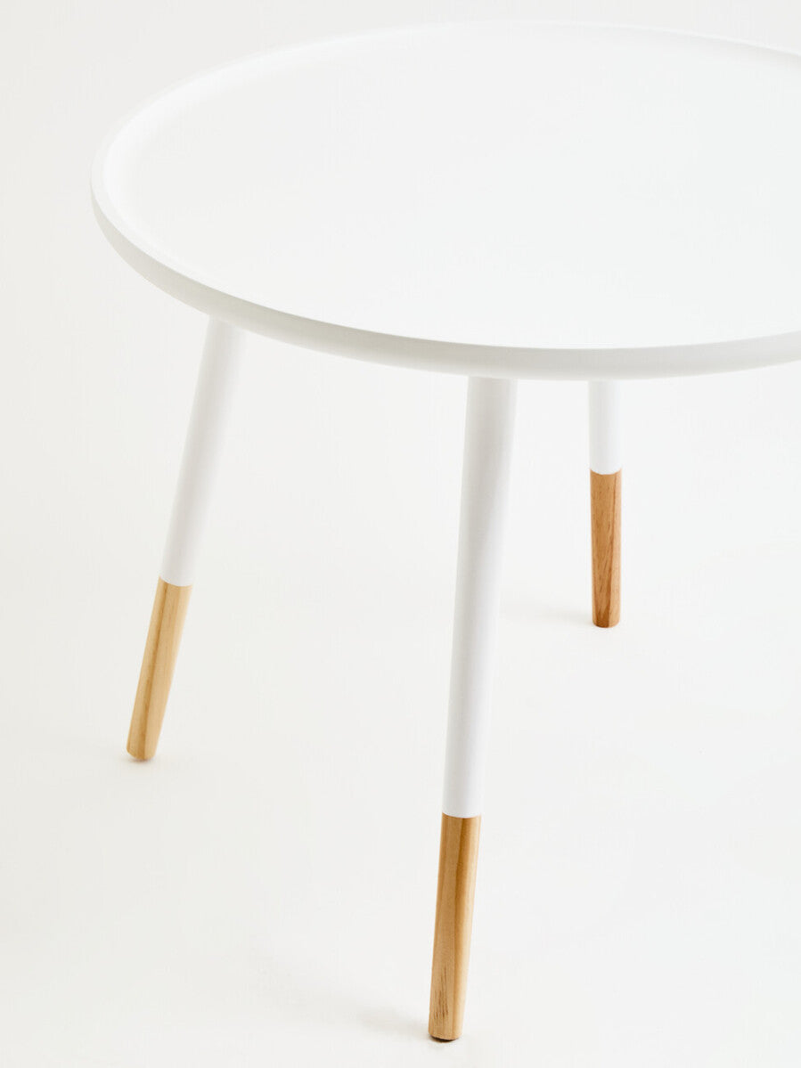 White Small Round Side Table with Natural Wood Effect Feet | Viborg