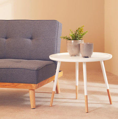 White Small Round Side Table with Natural Wood Effect Feet | Viborg