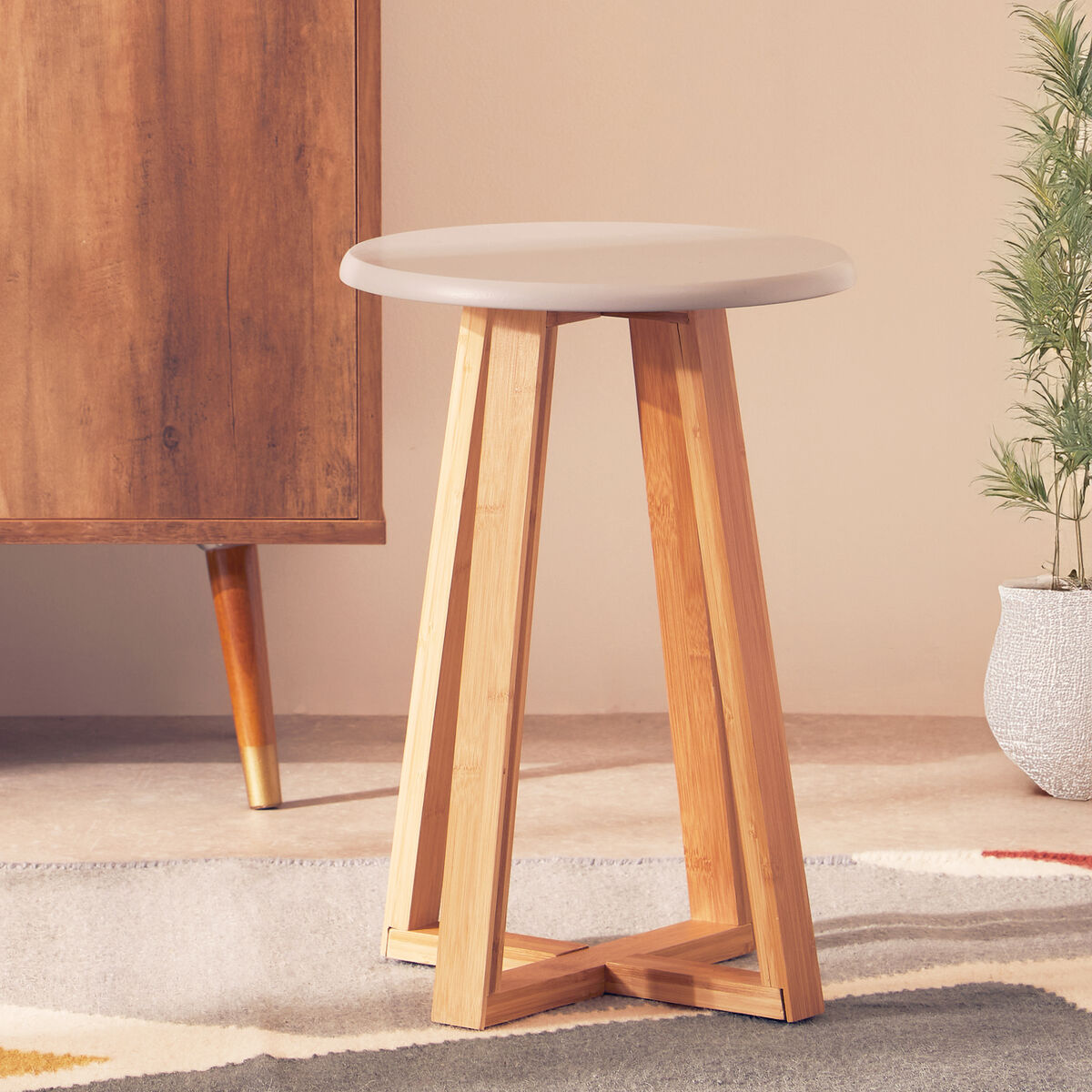 Grey and Natural Bamboo Round Stool | Viborg
