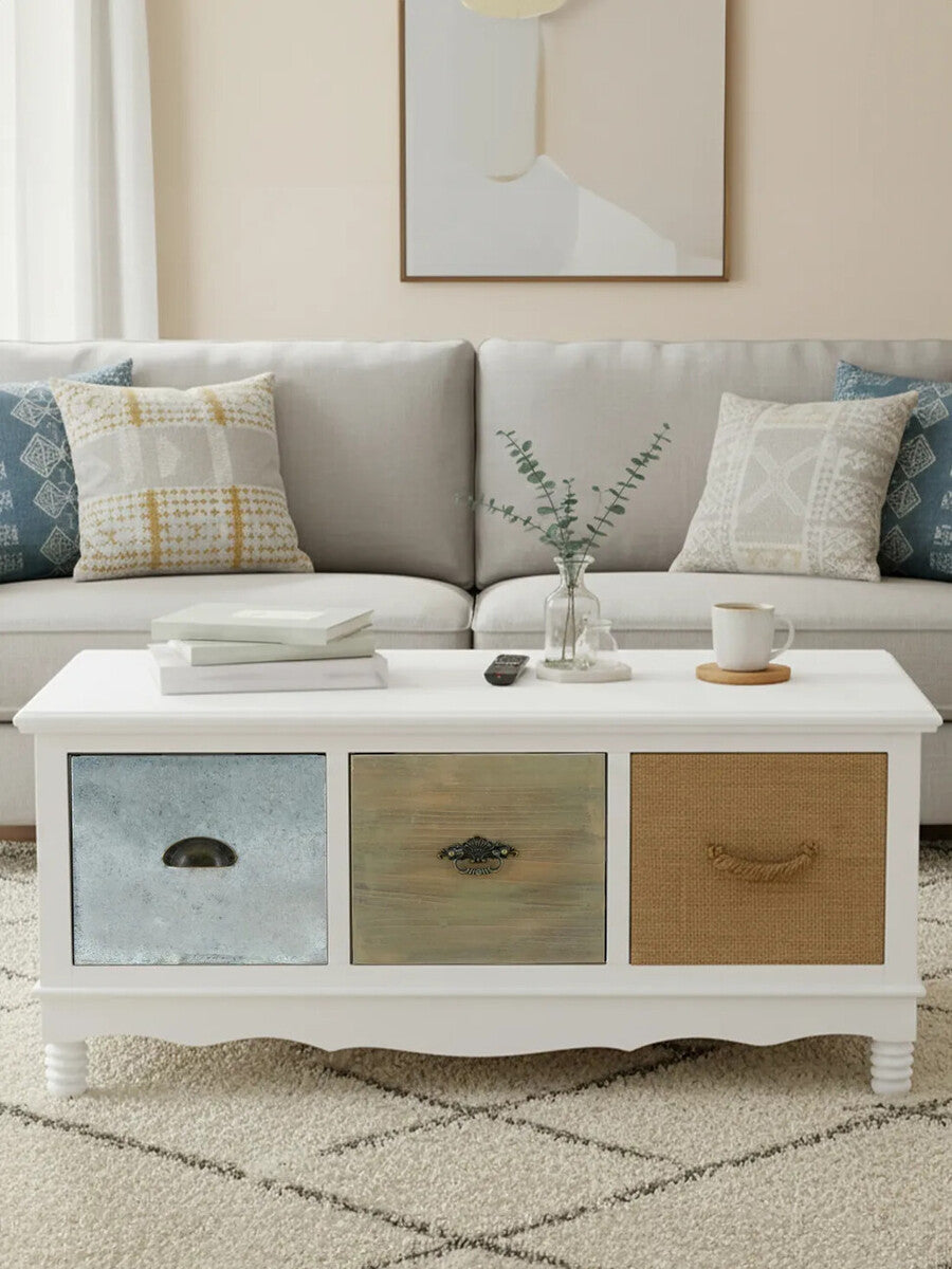 White and Natural Storage Rectangular Coffee Table with 3 Drawers | Weymouth