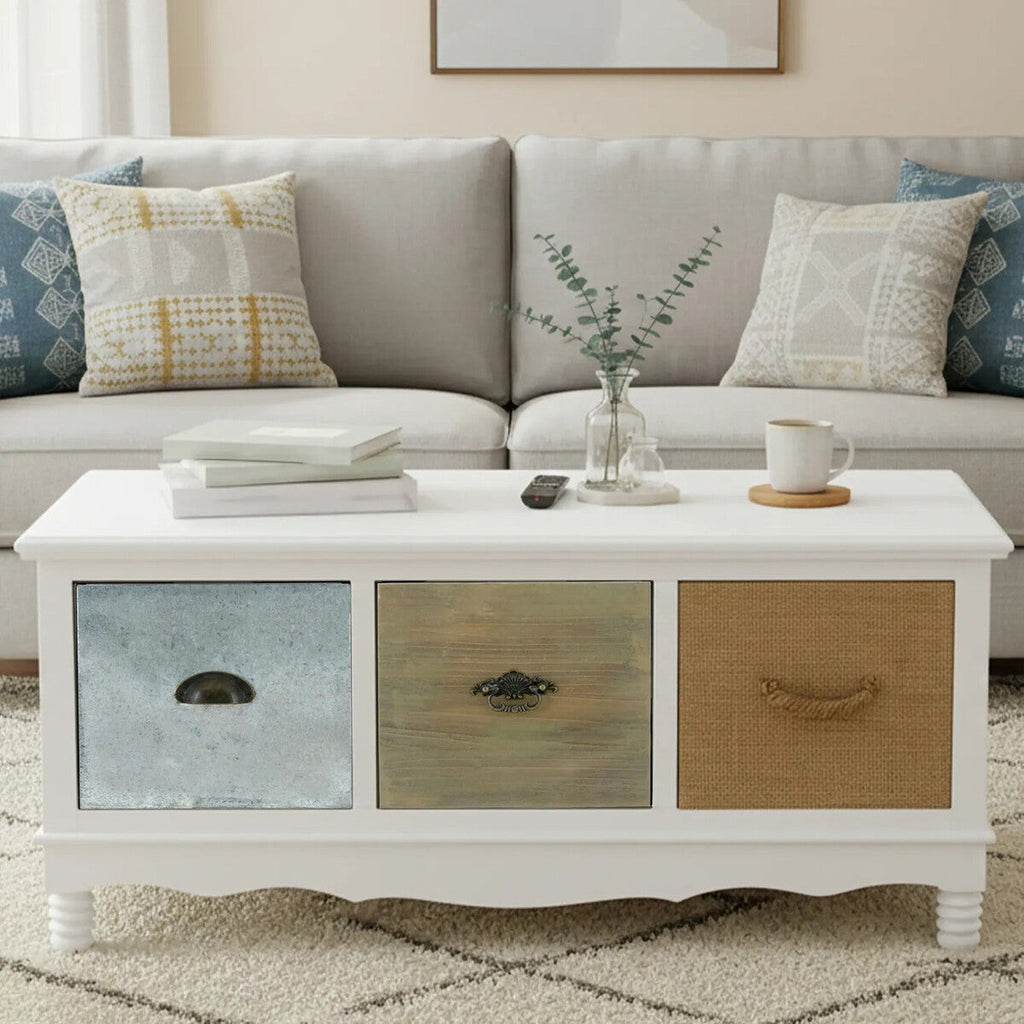 White and Natural Storage Rectangular Coffee Table with 3 Drawers | Weymouth