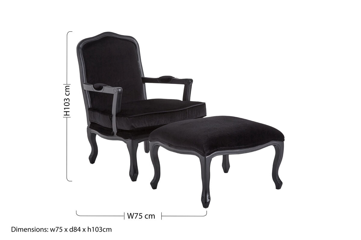 Black Shiny Velvet Chair and Footstool | Rococo