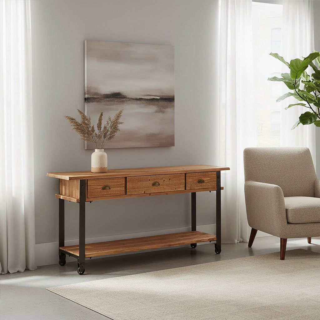 Natural Wooden 3-Drawer Console Table with Black Metal Legs | New Foundry