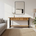 Natural Wooden 3-Drawer Console Table with Black Metal Legs | New Foundry