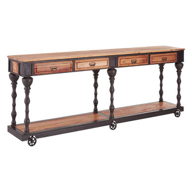 Natural Wooden 4-Drawer Console Table with Black Metal Legs | New Foundry