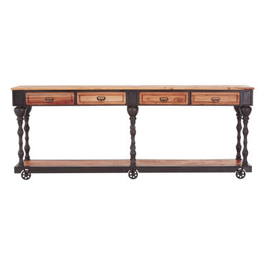 Natural Wooden 4-Drawer Console Table with Black Metal Legs | New Foundry