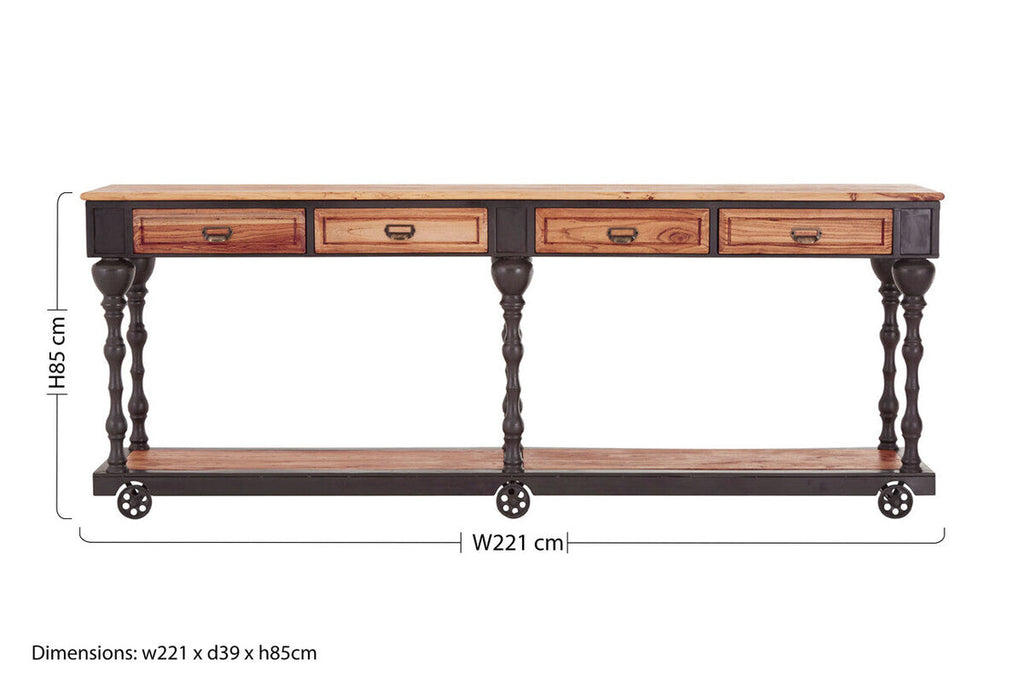 Natural Wooden 4-Drawer Console Table with Black Metal Legs | New Foundry