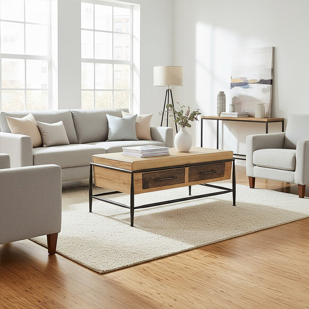 Natural and Brown Wooden Coffee Table with Metal Legs | New Foundry