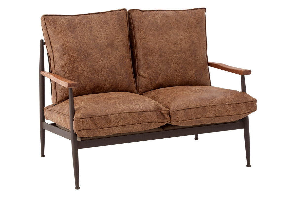 Brown Leather Effect 2 Seater Sofa with Wood Frame | New Foundry