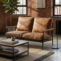 Brown Leather Effect 2 Seater Sofa with Wood Frame | New Foundry