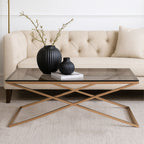 Black Glass Top and Gold Criss Cross Base Coffee Table | Montril