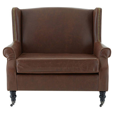 Brown Leather Effect Wing Armchair | Fulham