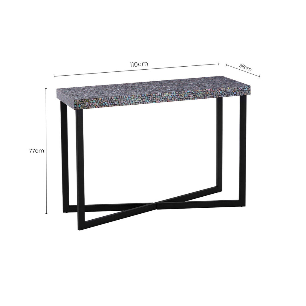 Crackle Shell Mosaic Console Table Rectangular Top Black Metal Frame | Fusion