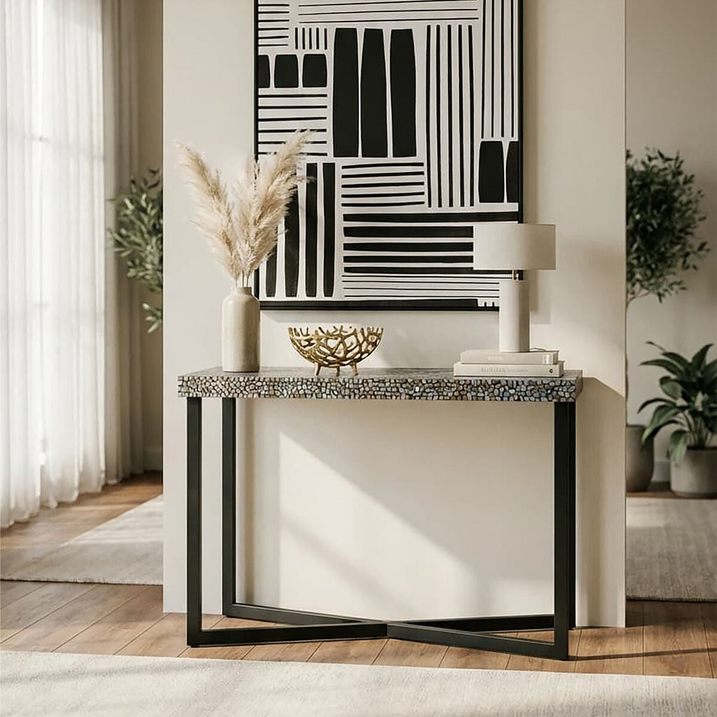 Crackle Shell Mosaic Console Table Rectangular Top Black Metal Frame | Fusion