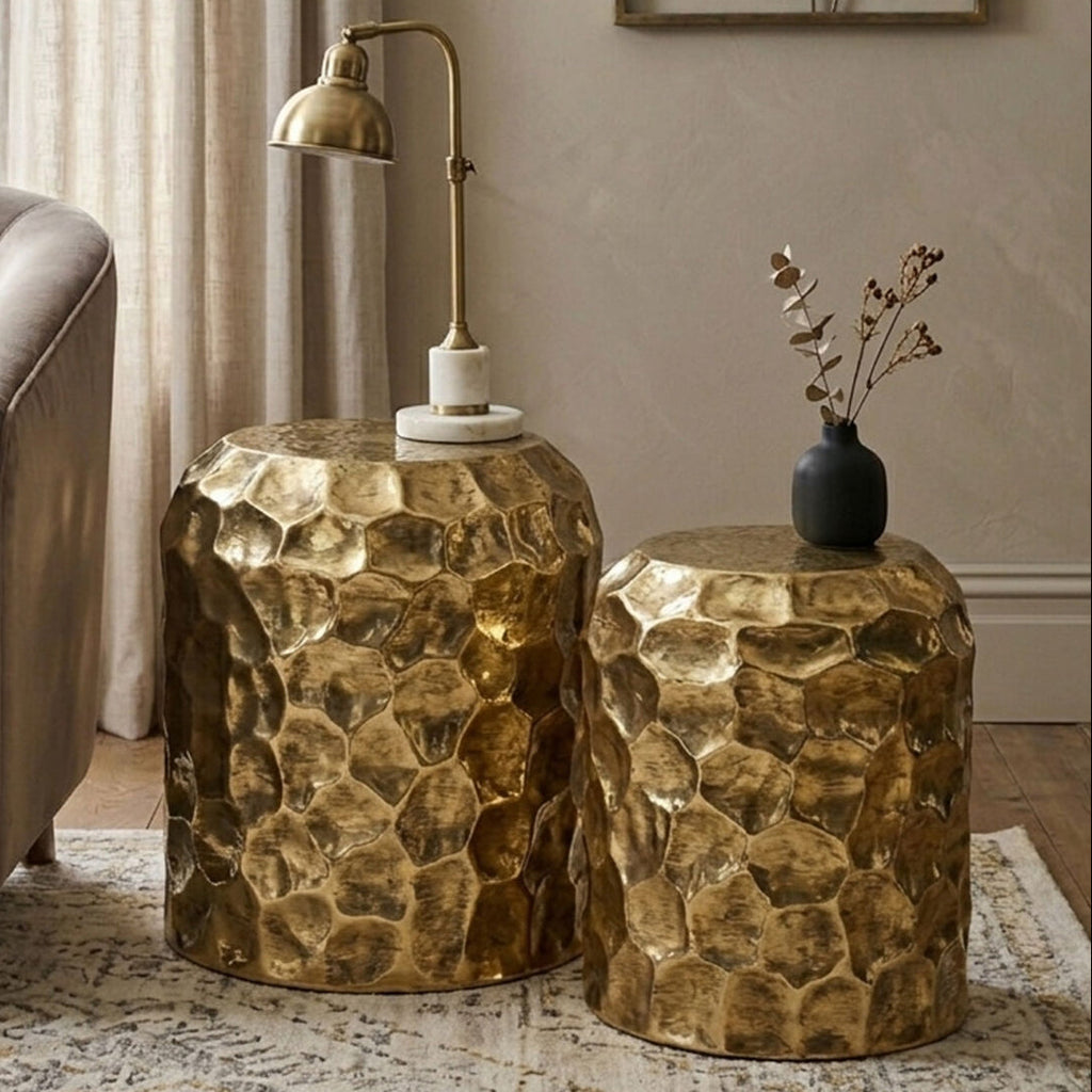 Textured Antique Brown Brass Finish Metal Set of 2 Drum Side Tables | Templar