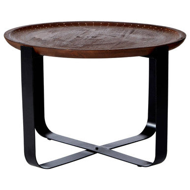 Brown Mango Wood Top Round Side Table with Black X Shape Metal Base | Templar