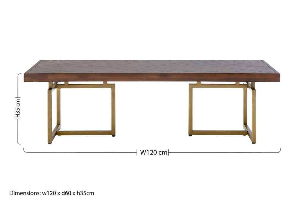 Brown Herringbone Wood Effect Coffee Table in Rich Acacia Tones with Brass Legs | Brando