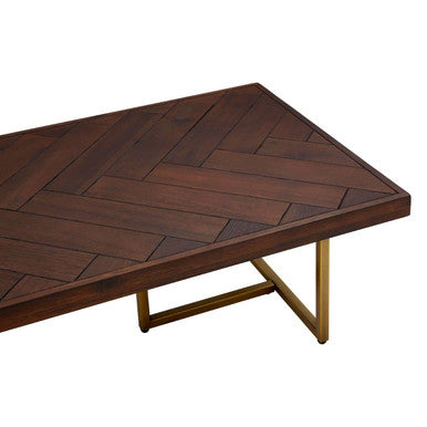 Brown Herringbone Wood Effect Coffee Table in Rich Acacia Tones with Brass Legs | Brando
