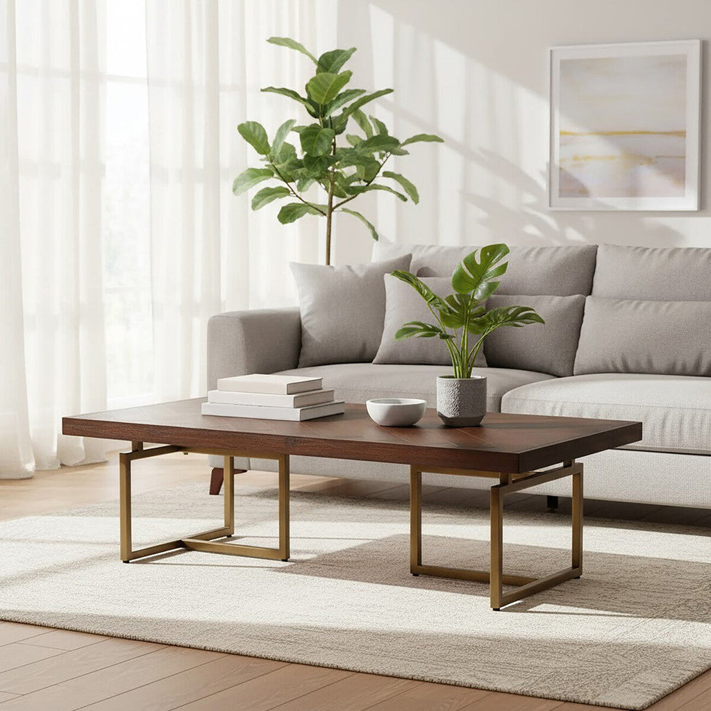 Brown Herringbone Wood Effect Coffee Table in Rich Acacia Tones with Brass Legs | Brando
