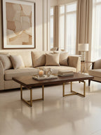 Brown Herringbone Wood Effect Coffee Table in Rich Acacia Tones with Brass Legs | Brando