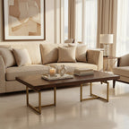 Brown Herringbone Wood Effect Coffee Table in Rich Acacia Tones with Brass Legs | Brando