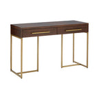 Brown Acacia Wood Veneer Console Table with 2 Drawers and Antique Brass Metal Frame and Handles | Brando