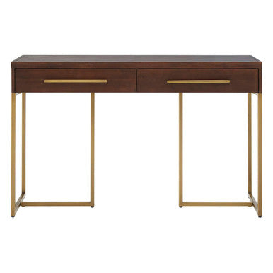 Brown Acacia Wood Veneer Console Table with 2 Drawers and Antique Brass Metal Frame and Handles | Brando
