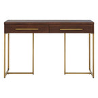 Brown Acacia Wood Veneer Console Table with 2 Drawers and Antique Brass Metal Frame and Handles | Brando