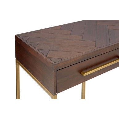 Brown Acacia Wood Veneer Console Table with 2 Drawers and Antique Brass Metal Frame and Handles | Brando