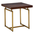 Brown Acacia Wood Effect Herringbone Engraved Side Table Antique Brass Metal Frame | Brando