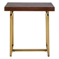 Brown Acacia Wood Effect Herringbone Engraved Side Table Antique Brass Metal Frame | Brando
