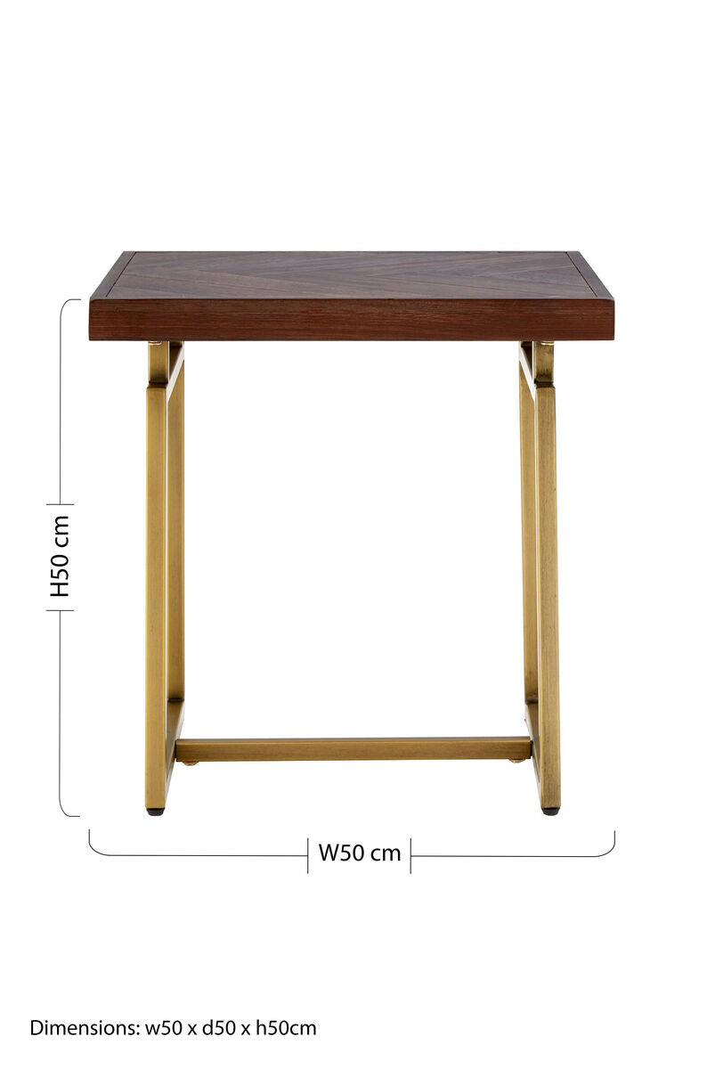Brown Acacia Wood Effect Herringbone Engraved Side Table Antique Brass Metal Frame | Brando