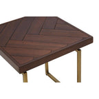 Brown Acacia Wood Effect Herringbone Engraved Side Table Antique Brass Metal Frame | Brando