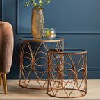 Set of 2 Antique Finish Frame Side Tables with Round Mirrored Top | Avantis