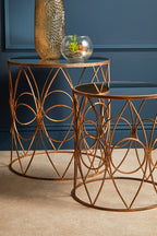 Set of 2 Antique Finish Frame Side Tables with Round Mirrored Top | Avantis