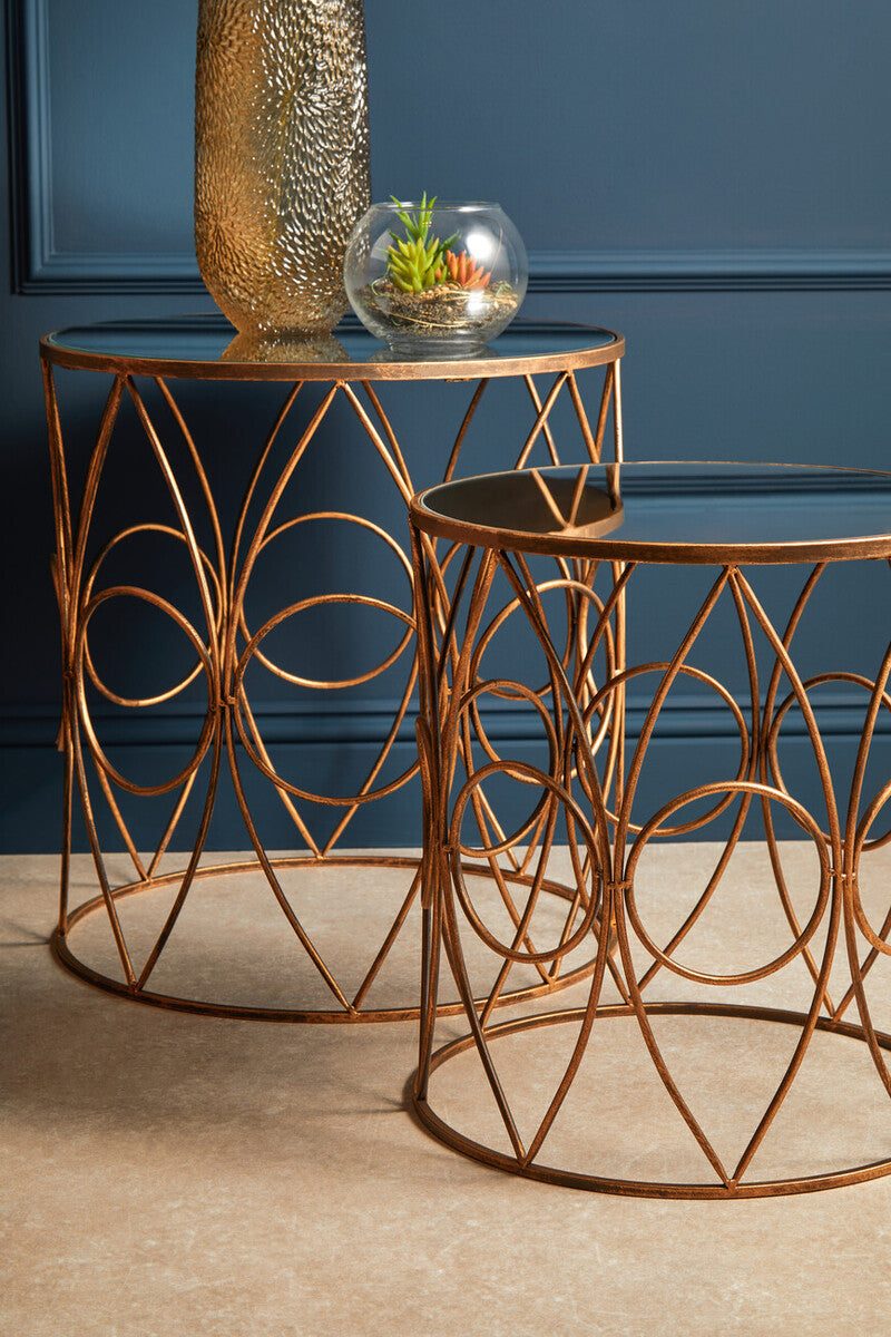 Set of 2 Antique Finish Frame Side Tables with Round Mirrored Top | Avantis